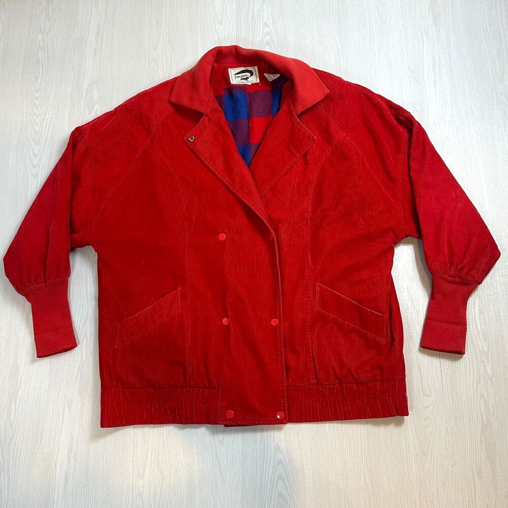 Vintage Foxrun Womens Large Red Corduroy Jacket Plaid Lined Snap Front 80s 90s